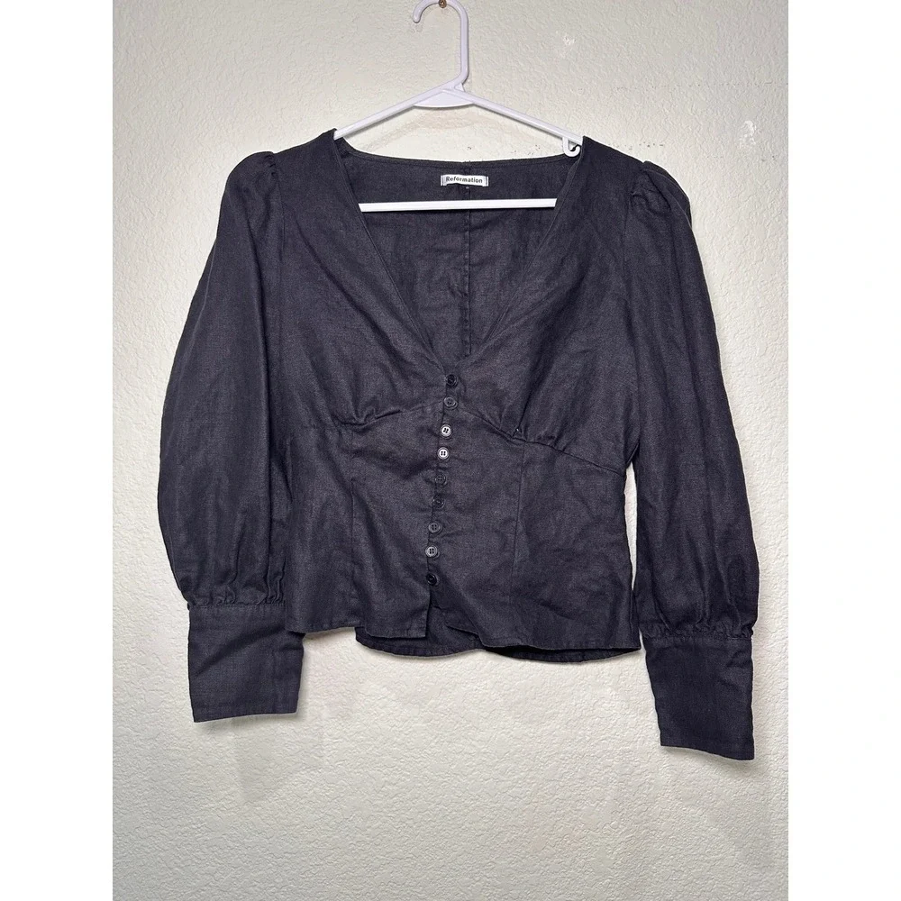 Reformation Black Linen Puff Sleeve V Neck Button Front Blouse Size 6